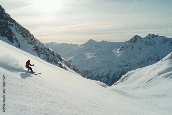 Fototapeta Skiing down a snowy mountain slope with stunning alpine views in bright daylight