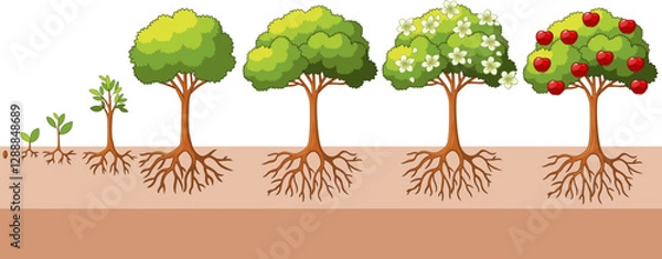 Fototapeta Apple tree growing stages, Apple tree life cycle from seed to ripe, isolated on white background