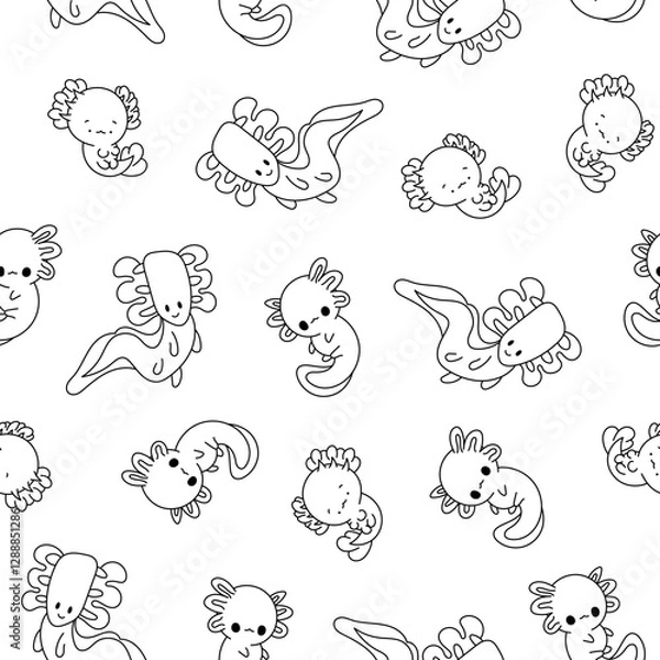 Fototapeta Cute axolotl character. Seamless pattern. Coloring Page. Kawaii ambystoma amphibian different poses. Vector drawing. Design ornaments.