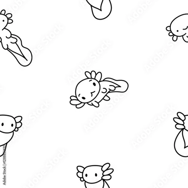 Fototapeta Cute axolotl character. Seamless pattern. Coloring Page. Kawaii ambystoma amphibian different poses. Vector drawing. Design ornaments.