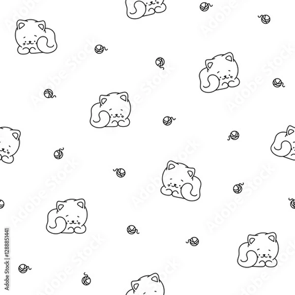 Fototapeta Cute cat character. Seamless pattern. Coloring Page. Kawaii cartoon kitten. Vector drawing. Design ornaments.