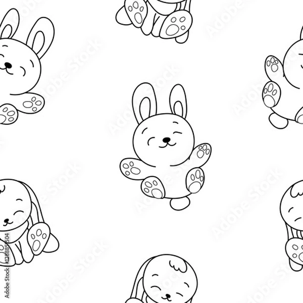 Fototapeta Cute rabbit character. Seamless pattern. Coloring Page. Kawaii cartoon hare. Vector drawing. Design ornaments.