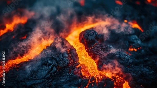 Fototapeta Fiery orange-red lava flows with vibrant, crackling flames spread across an intense landscape from the upper-left, creating a mesmerizing dance of light and heat.  