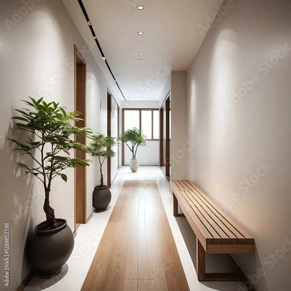 Obraz Serene Zen-Inspired Hallway: A long, uncluttered hallway with a single wooden bench and a narrow indoor plant.