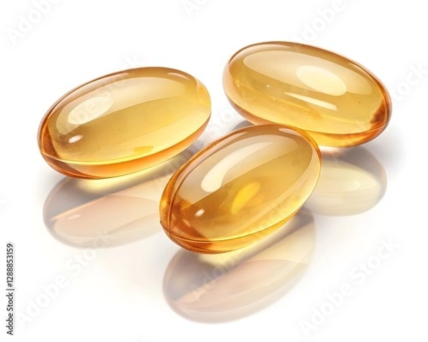 Obraz Falling Fish oil pill, omega 3, isolated on white background, clipping path, full depth of field, Golden Softgel Capsules - Fish Oil, Omega-3, or Vitamin Supplement, 