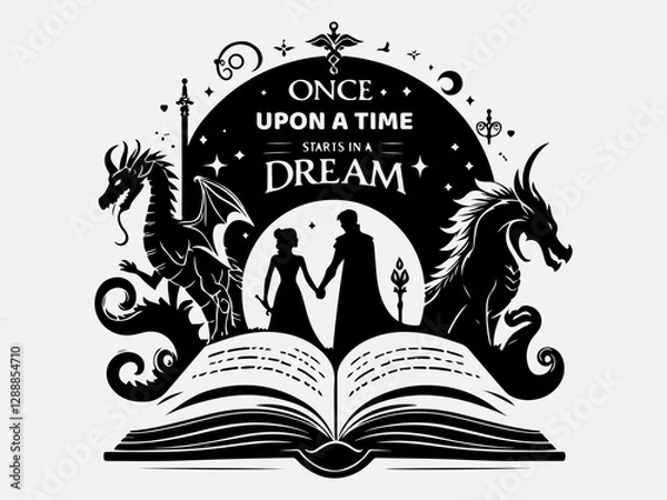 Fototapeta National Tell a Fairy Tale Day Silhouette Vector Illustration with the text ''Once upon a time starts with a dream"