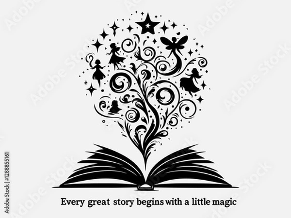 Fototapeta National Tell a Fairy Tale Day Silhouette Vector Illustration with the text ''Every great story begins with a little magic"