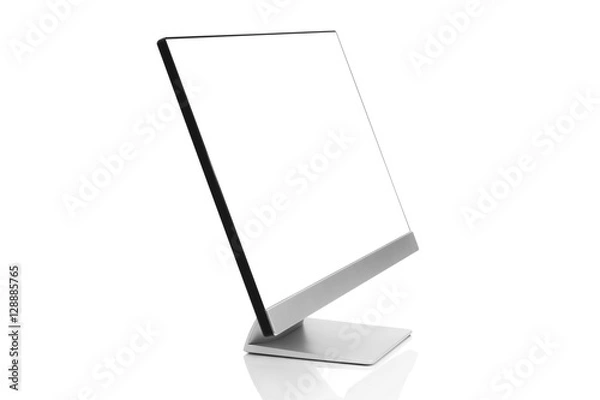 Fototapeta Sleek modern computer display with blank white screen, front side view tilted and isolated on white background with reflection