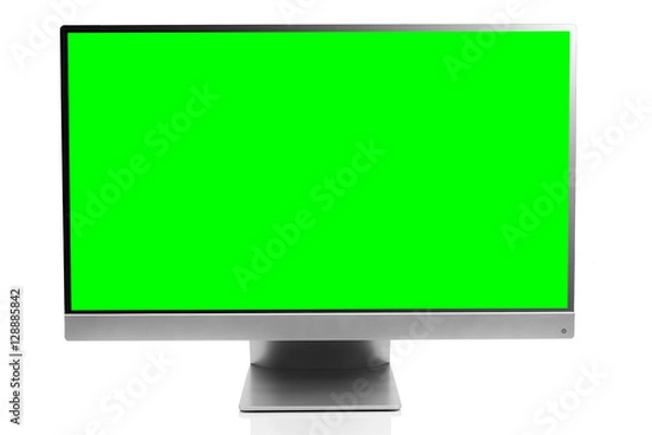 Obraz Sleek modern computer display with blank green chroma key screen, front view and isolated on white background with reflection