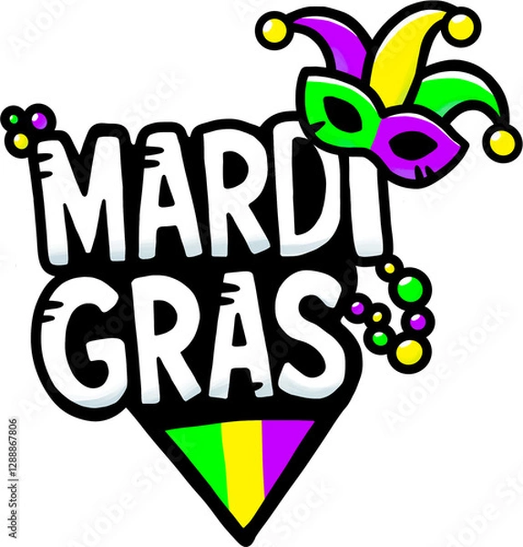 Obraz Mardi Gras lettering hand drawn doodle logo illustration, with mask and beads in green, purple and yellow traditional colours. Isolated png with transparent background