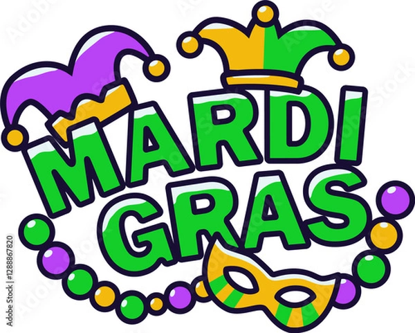Obraz Mardi Gras lettering hand drawn doodle logo illustration, with mask and beads in green, purple and yellow traditional colours. Isolated png with transparent background