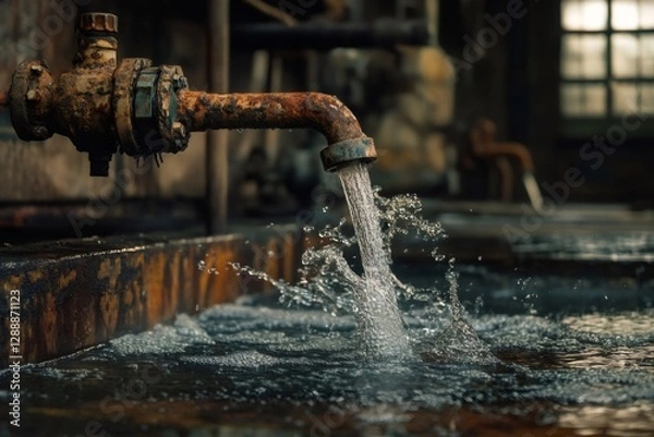 Fototapeta Water splashing from rusty faucet into a tank in abandoned factory, depicting industrial decay and resource waste