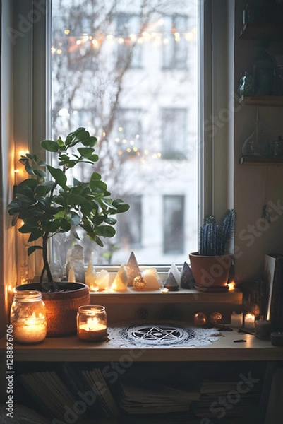 Obraz A modern Wiccan altar in a cozy apartment, featuring a pentagram, candles, crystals, and a small potted plant, with soft natural light coming through a window.