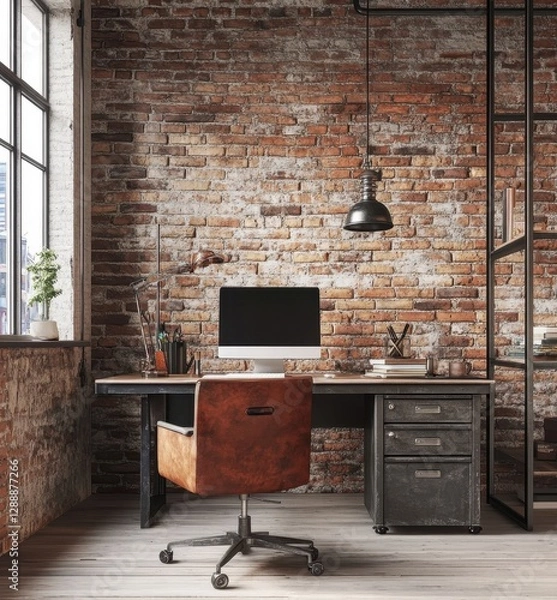 Fototapeta Modern Industrial Office Space with Brick Wall and Stylish Furniture