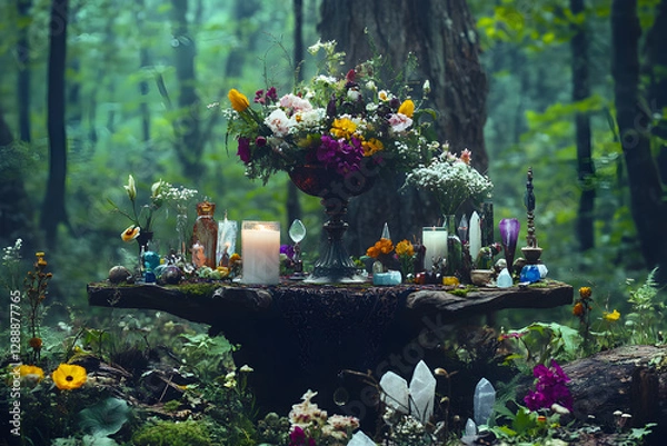 Fototapeta A Wiccan altar adorned with seasonal flowers, crystals, and a chalice, set in a forest clearing