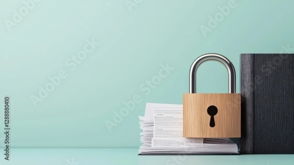 Fototapeta Secure Document Storage with Lock and Papers on Soft Background