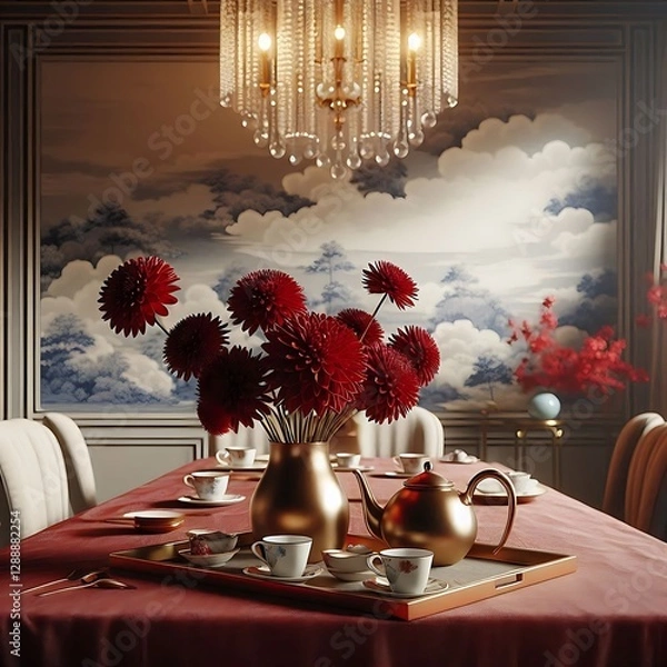 Obraz A simple tabletop
 scene in a photorealism style using 
glamorous, glowing chandelier
 lighting