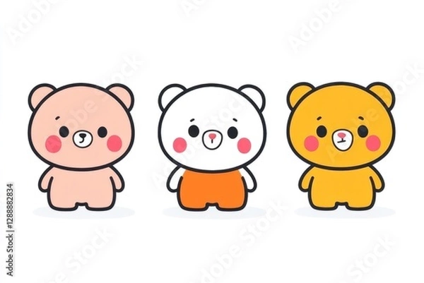 Obraz This delightful image features three cute cartoon bears, each with distinct colors and cheerful expressions, perfect for children's content.