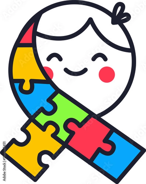 Obraz Autism awareness day logo illustration of a child and colourful puzzle pieces and ribbon, isolated png on transparent background