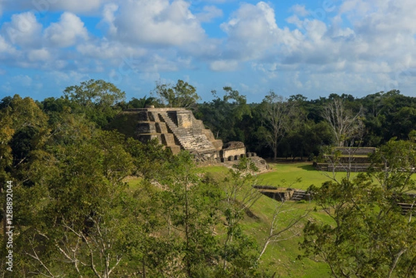 Fototapeta Exploring the ancient Altun Ha ruins in Belize surrounded by lush greenery