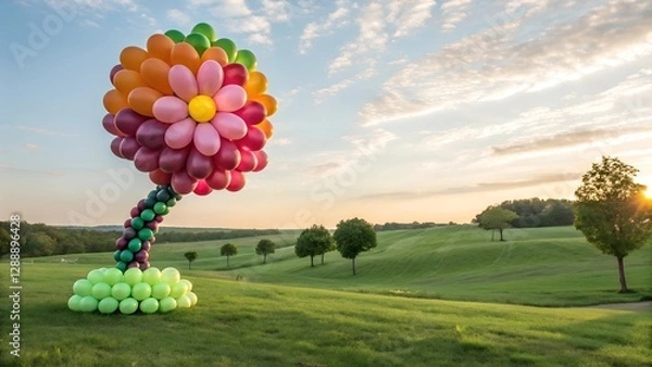 Fototapeta A vibrant summer landscape with countless balloons dotting the blue sky above a green meadow