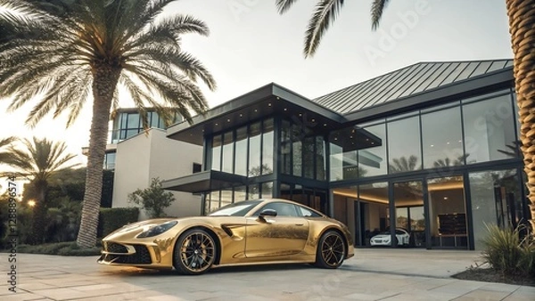 Fototapeta Classic auto drives down a palm-lined street near a beach