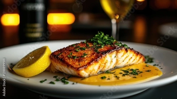 Fototapeta Grilled Salmon Fillet with Lemon and Herb Garnish on Plate