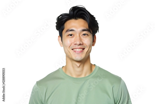 Fototapeta Smiling young man portrait isolated on white background.  Light green t-shirt. Ideal for profile picture, marketing, advertising, social media, business. Isolated on transparent background.