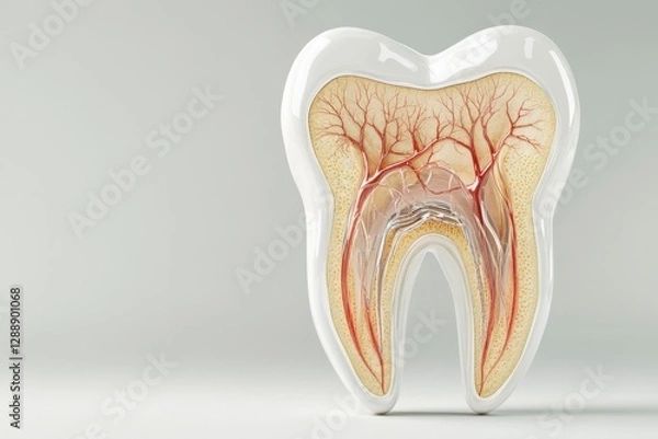 Fototapeta Detailed view of a tooth model showcasing internal anatomy, highlighting nerves and blood vessels in educational setting