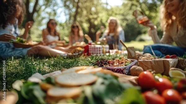 Fototapeta A group of diverse friends enjoying a sustainable beach picnic with reusable plates and eco-friendly food packaging, golden sunset in the background.