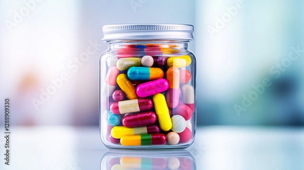 Fototapeta A vibrant jar filled with assorted colorful pills and capsules for health care.