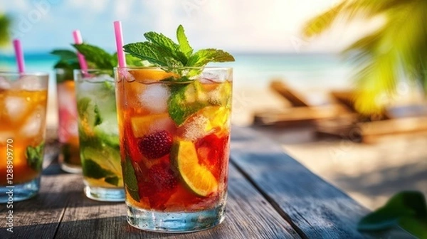 Fototapeta a cocktail at the beach with the ocean in the background,