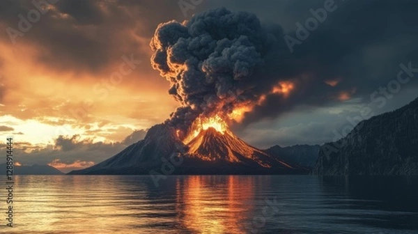 Obraz Volcanic eruption at sunset, reflected in water.