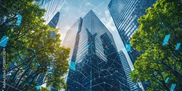 Fototapeta Green corporate initiatives integrating smart building technology.
