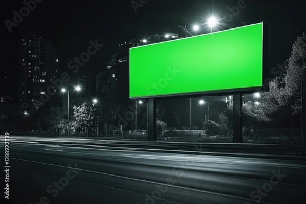 Obraz Innovative advertising layout featuring a blank green billboard at night