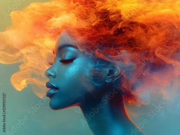 Obraz Vibrant Composite Portrait with Glowing Smoke like Hair Symbolizing Mystery and Fluidity