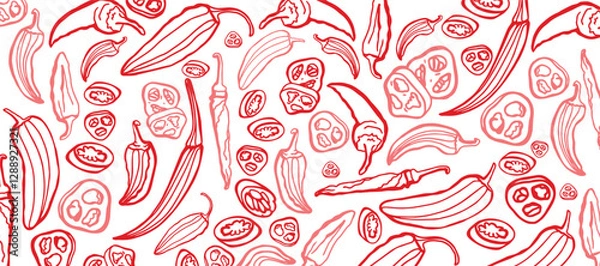 Fototapeta Hand drawn chili pepper, line art vector isolated set. Chili pepper outline. Red on the white background. Jalapeno. Red Bulgarian sweet and bitter pepper. Red pepper.
