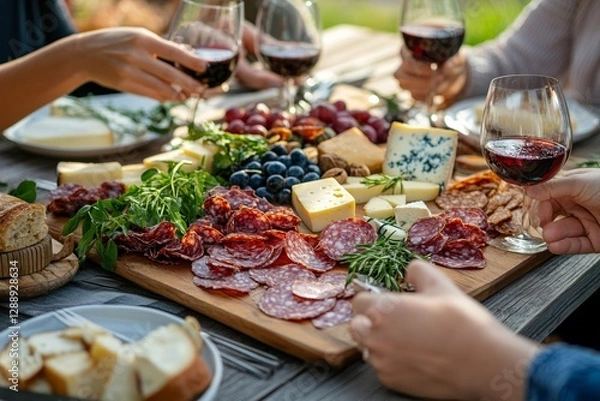 Fototapeta Outdoor charcuterie board with wine and cheese on wood table
