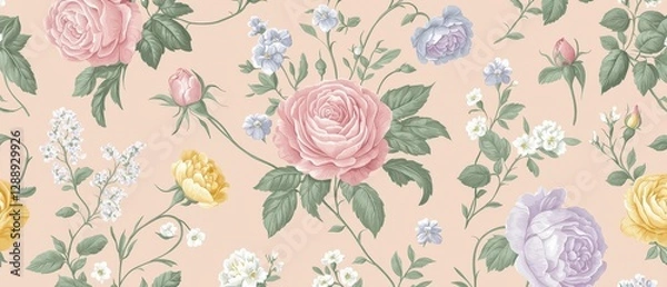 Fototapeta Romantic Pastel Spring Background. Floral pattern on soft peach background