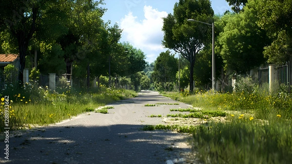 Fototapeta Overgrown Road Through a Deserted Village on a Sunny Day