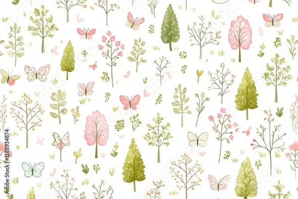 Fototapeta Romantic Pastel Spring Background. Nature-themed illustration with trees and butte...