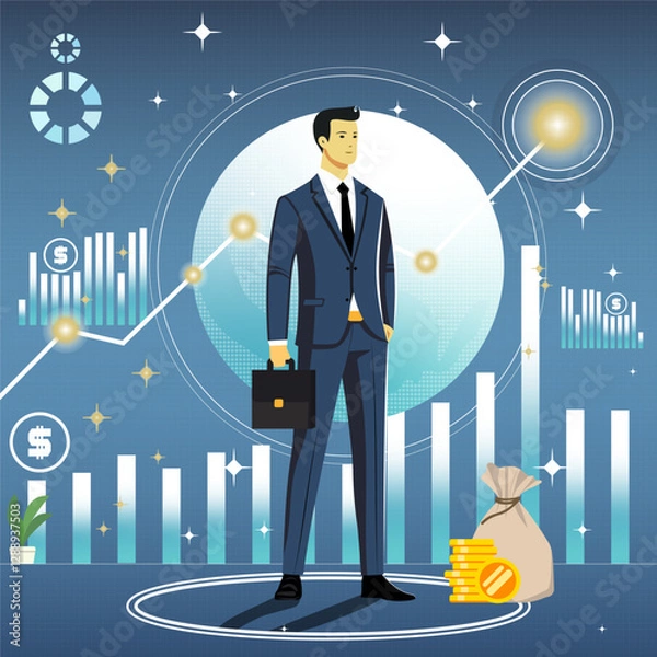 Fototapeta Successful male businessman with a briefcase in a formal suit. On the background of a globe of money and graphs. Vector illustration EPS 10. For any platform or purpose. Promotion and advertising