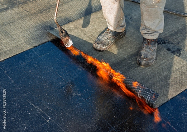 Obraz Roof waterproofing with bituminous membrane being installed. Close-up on the worker's feet and the membrane roll, showcasing the application process. Fata Morgana effect