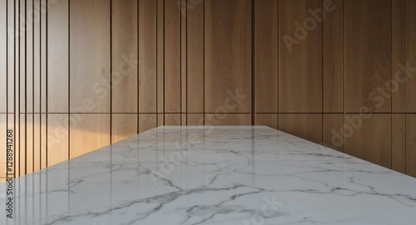 Fototapeta Marble white kitchen tabletop on wooden wall panels background with vertical slats