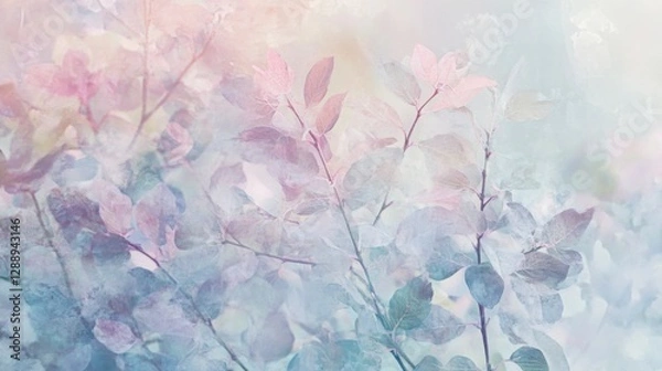 Fototapeta A soft, abstract design featuring pastel-colored flowers and faded leaves, with light strokes of pink, lavender, and pale green creating a calming effect.