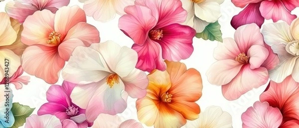Fototapeta Romantic Pastel Spring Background. Colorful floral pattern on a white background