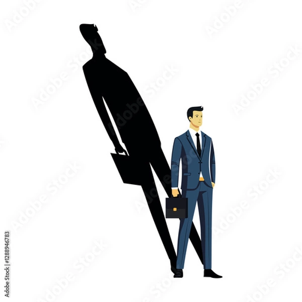 Fototapeta Confident businessman with a case with great potential. With a shadow bigger than him, which speaks for his future growth. Vector illustration. EPS 10