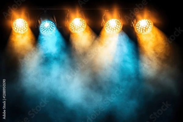 Fototapeta Four stage spotlights emitting blue and amber light beams through a smoky atmosphere