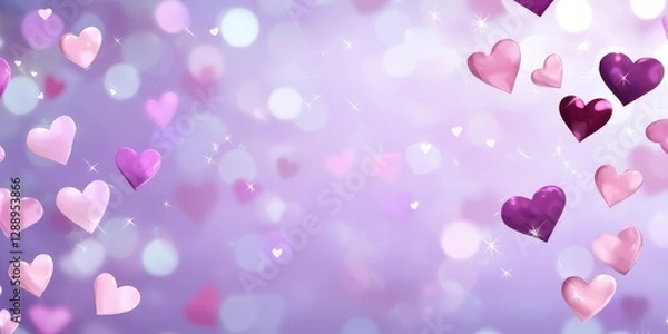 Fototapeta Romantic Pastel Spring Background. Colorful hearts on a soft purple background