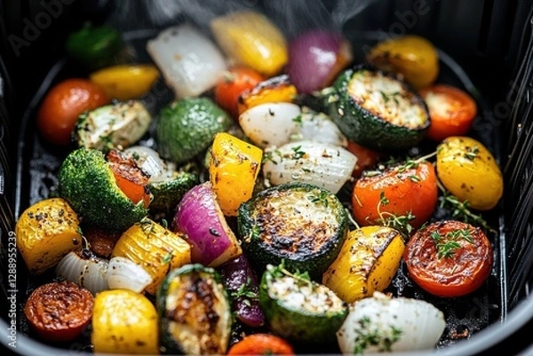 Fototapeta Colorful roasted vegetables with herbs in an air fryer on a kitchen countertop at dinner time